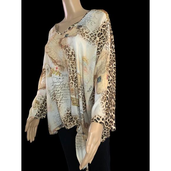 Chicos Safari Map Top Women Size 3 US XL Tie Front 3/4 Sleeves Leopard Print - Picture 2 of 10